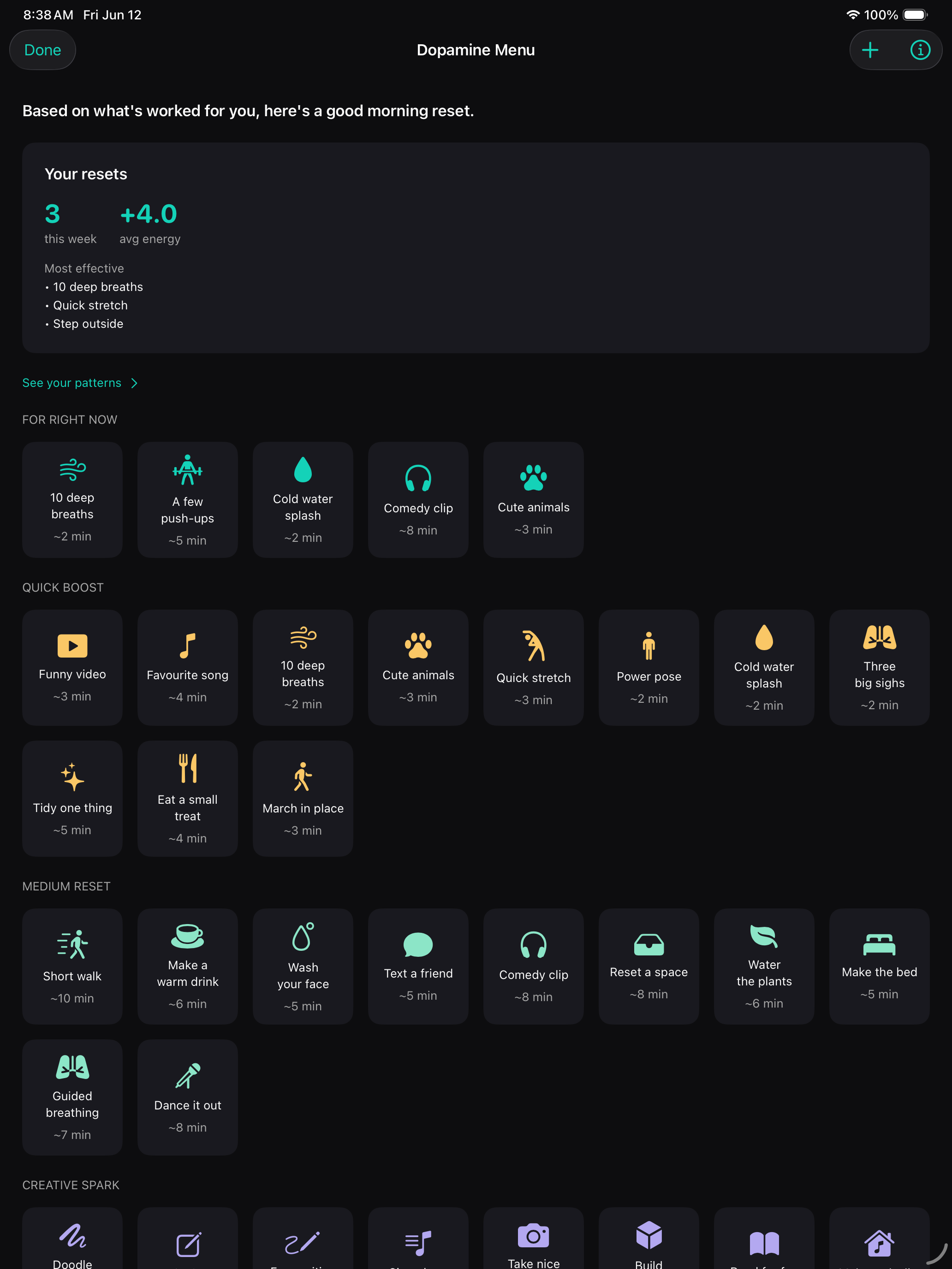 Dopamine Menu with quick reset activities sorted by time and effort